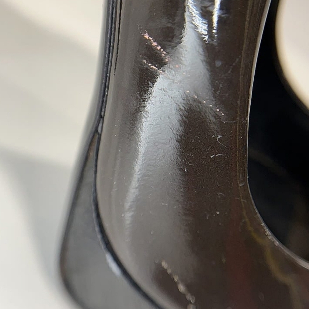 BURBERRY Brown Patnent Leather Curved Heel Peep Toe Pumps Good Condition 39 1/2 - Picture 5 of 11